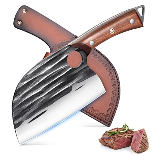 Golden Bird Hackmesser Japanisches Messer zum Schneiden von Fleisch geschmiedetes Metzgermesser mit Scheide Full Tang Serbisches Kochmesser zum Schneiden für Zuhause, Kochen im Freien, Camping von Golden Bird