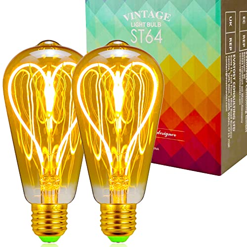GoldenBuble Edison Glühbirne Vintage Style LED Glühlampe 4W Dimmbar 220-240V E27 Spezielle Deko Glühbirne 2er Pack (ST64 Heart Golden) von Golden Buble