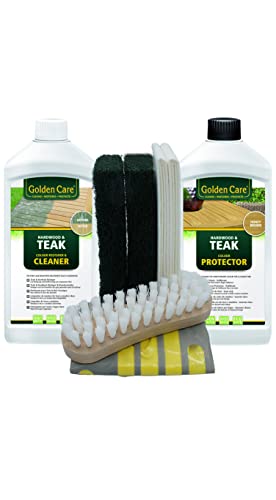 GOLDEN CARE Teak Protector + Cleaner Holzpflegeset 8tlg. Holz Reiniger Holzschutz Holzpflege für Gartenmöbel von Golden Care