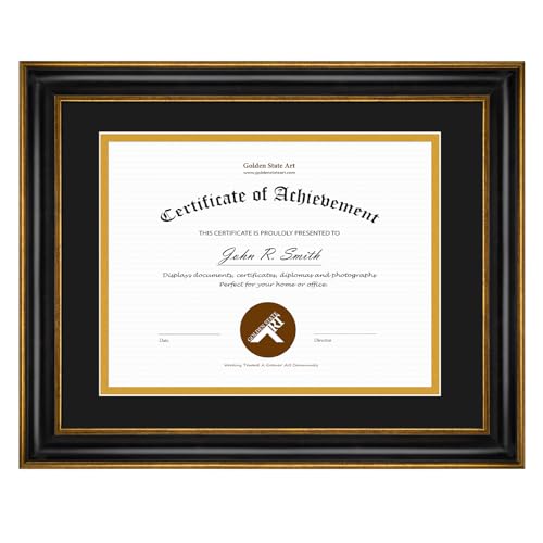 Golden State Art, 11x14 Vintage Antik Stil Schwarz Dokumentenrahmen für 8,5x11 Diplom Zeugnis Zackenaufhänger zur Wandmontage mit Echtglas Goldrand (Schwarz/Gold Doppelmatte) von Golden State Art