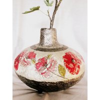 Große Vintage Stil Handbemalte Pappmaché Vase Mit Blumen Serviettentechnik Für Trocken - Und Kunstblumen. Handgemachte Papier Pulpe Dekor von GoldenBowlStudio