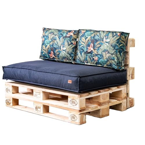 GoldenGroup Gartenset Kissen für Palettenmöbel Marineblau & Vögel - Strapazierfähiges Gewebe - Palettenkissen Set Gefüllt mit Schaumgranulat - 120x65x15 Sitzkissen - (2X) 60x40x10 Rückenkissen von GoldenGroup