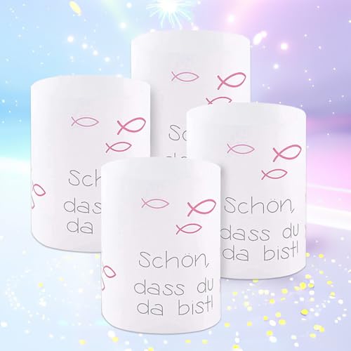 Goldenland 12 Windlicht Fisch Tischdeko, Deko Kommunion Taufe Konfirmation Firmung, Erstkommunion Deko Mädchen, Schön DASS Du Da Bist, Geeignet für Teelichter oder Kerzen Pink von Goldenland