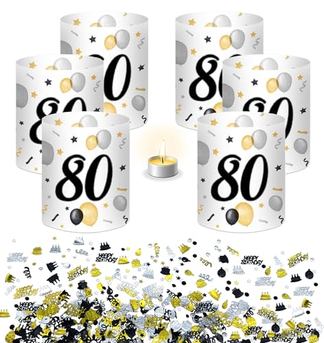 Goldenland 80 Geburtstag Deko 12 Windlicht Tischdeko + Happy Birthday Konfetti Schwarz Gold 15g, 80 Jahre Happy Birthday Tischdeko Deko 80. Geburtstag Frau Mann, Geeignet für Teelichter oder Kerzen von Goldenland