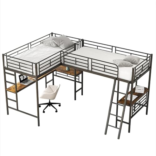 Goldicoo Eck Hochbett 90x200 Metal mit Schreibtisch für Kinder Jugend Erwachsene - Leiter von Goldicoo