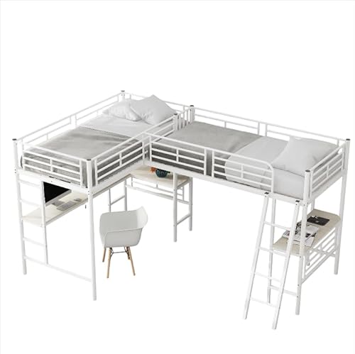 Goldicoo Eck Hochbett 90x200 Metal mit Schreibtisch für Kinder Jugend Erwachsene - Leiter von Goldicoo