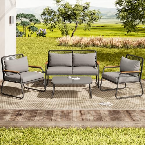 Goldicoo Gartenlounge Outdoor 4-teilig für 4 Personen,Lounge Möbel Outdoor mit 2-Sitzer Gartensofa 2 Loungesessel und Loungetische,Balkon Lounge Wetterfest,Sessel-Sofa Lounge-Set 4-teilig Metall von Goldicoo