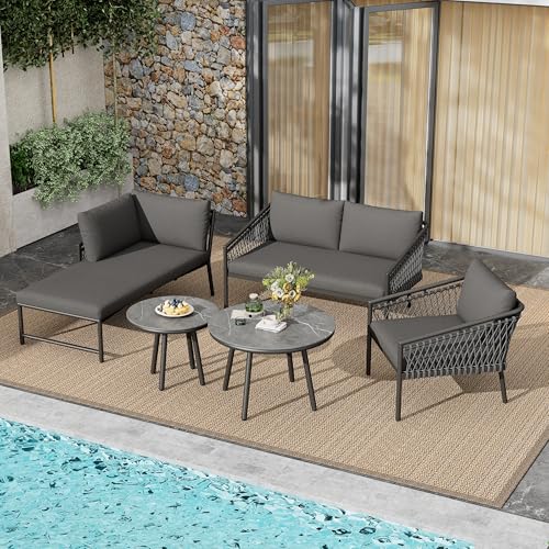 Goldicoo Gartenlounge Outdoor 4-teilig für 4 Personen,Lounge Möbel Outdoor mit 2-Sitzer Gartensofa 1 Sessel 1 Chaise und Loungetische,Balkon Lounge Wetterfest,Sessel-Sofa Lounge-Set 4-teilig Metall von Goldicoo
