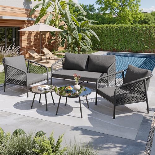 Goldicoo Gartenlounge Outdoor 4-teilig für 4 Personen,Lounge Möbel Outdoor mit 2-Sitzer Gartensofa 2 Loungesessel und Loungetische,Balkon Lounge Wetterfest,Sessel-Sofa Lounge-Set 4-teilig Metall von Goldicoo