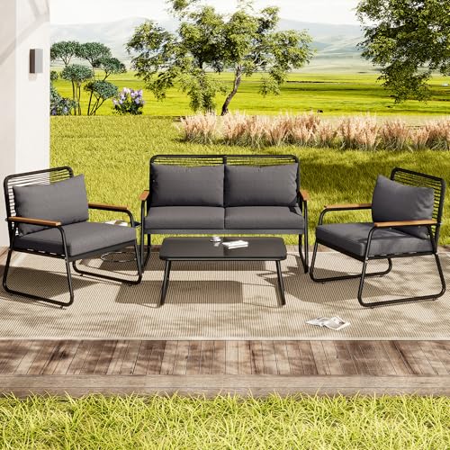 Goldicoo Gartenlounge Outdoor 4-teilig für 4 Personen,Lounge Möbel Outdoor mit 2-Sitzer Gartensofa 2 Loungesessel und Loungetische,Balkon Lounge Wetterfest,Sessel-Sofa Lounge-Set 4-teilig Metall von Goldicoo