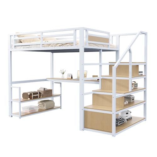 Goldicoo Hochbett 140x200 Metall mit Schreibtisch und Treppe für Kinder Jugend Erwachsene - Aufbewahrungsleiter mit Regalen von Goldicoo