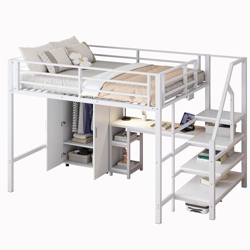 Goldicoo Hochbett 140x200 Metall mit Schreibtisch und Treppe für Kinder Jugend Erwachsene - Sicherheitsleiter und Kleiderschrank von Goldicoo