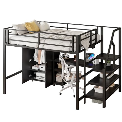 Goldicoo Hochbett 140x200 Metall mit Schreibtisch und Treppe für Kinder Jugend Erwachsene - Sicherheitsleiter und Kleiderschrank von Goldicoo