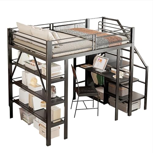 Goldicoo Hochbett 140x200 Metall mit Schreibtisch und Treppe für Kinder Jugend Erwachsene - Sicherheitsleiter und Offener Kleiderschrank von Goldicoo