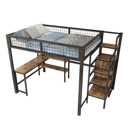 Goldicoo Hochbett 140x200 Metall mit Schreibtisch und Treppe für Kinder Jugend Erwachsene - Sicherheitsleiter und Offener Kleiderschrank von Goldicoo