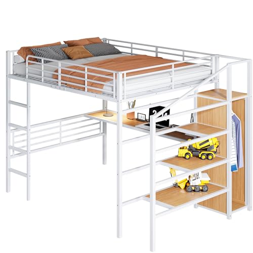 Goldicoo Hochbett 140x200 Metall mit Schreibtisch und Treppe für Kinder Jugend Erwachsene - Sicherheitsleiter und Offener Kleiderschrank von Goldicoo