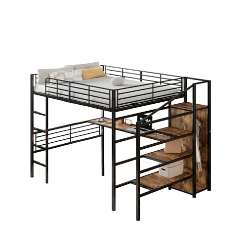 Goldicoo Hochbett 140x200 Metall mit Schreibtisch und Treppe für Kinder Jugend Erwachsene - Sicherheitsleiter und Offener Kleiderschrank von Goldicoo