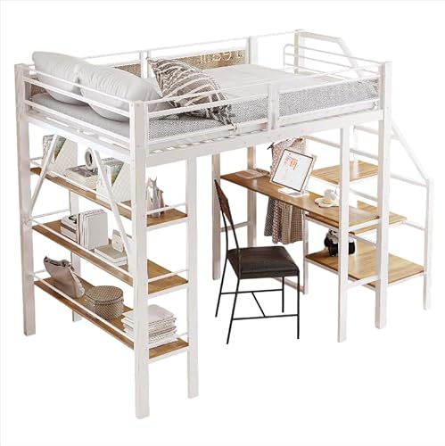 Goldicoo Hochbett 140x200 Metall mit Schreibtisch und Treppe für Kinder Jugend Erwachsene - Sicherheitsleiter und Offener Kleiderschrank von Goldicoo