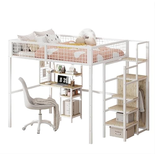 Goldicoo Hochbett 140x200 Metall mit Schreibtisch und Treppe für Kinder Jugend Erwachsene - Sicherheitsleiter und Offener Kleiderschrank von Goldicoo