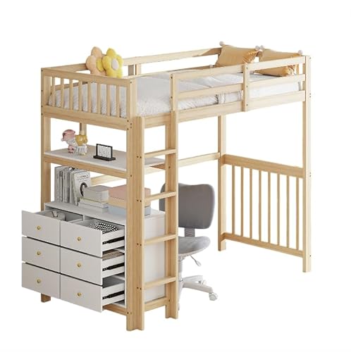 Goldicoo Hochbett 90x200 Holz für Kinder Jugend Erwachsene, Kinderbett mit 3 Schubladen und Offenes Regal von Goldicoo
