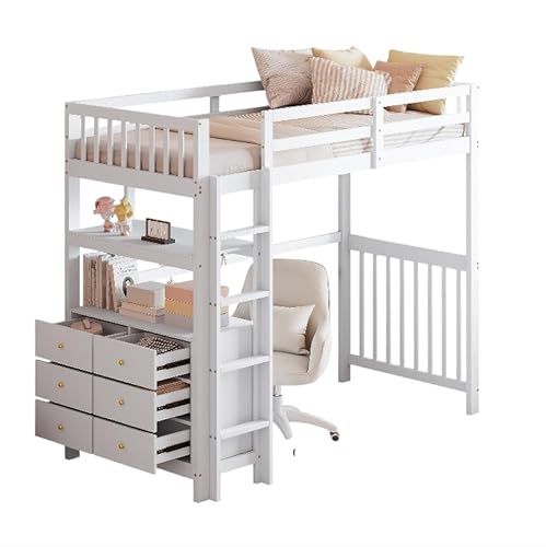 Goldicoo Hochbett 90x200 Holz für Kinder Jugend Erwachsene, Kinderbett mit 3 Schubladen und Offenes Regal von Goldicoo