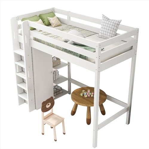 Goldicoo Hochbett 90x200 Holz für Kinder Jugend Erwachsene, Kinderbett mit Kleiderschrank und Offenes Regal von Goldicoo