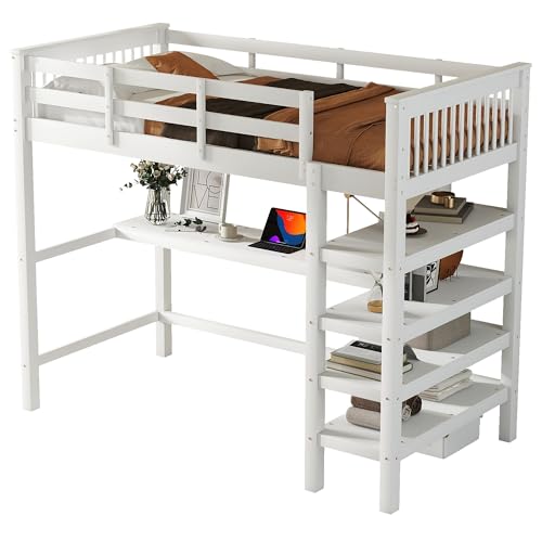 Goldicoo Hochbett 90x200 Holz für Kinder Jugend Erwachsene mit Schreibtisch, Kinderbett mit Offenes Regal von Goldicoo