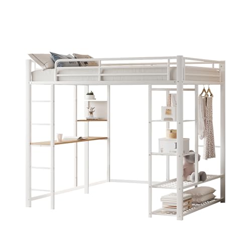 Goldicoo Hochbett 90x200 Metall mit Schreibtisch für Kinder Jugend Erwachsene - Leiter, Offener Kleiderschrank, Regal von Goldicoo