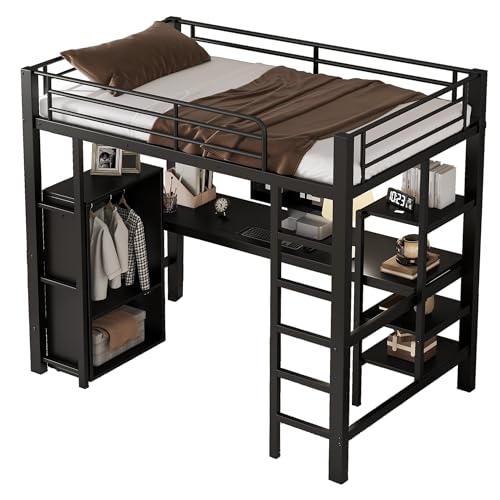 Goldicoo Hochbett 90x200 Metall mit Schreibtisch für Kinder Jugend Erwachsene - Leiter, Offener Kleiderschrank, Regal von Goldicoo