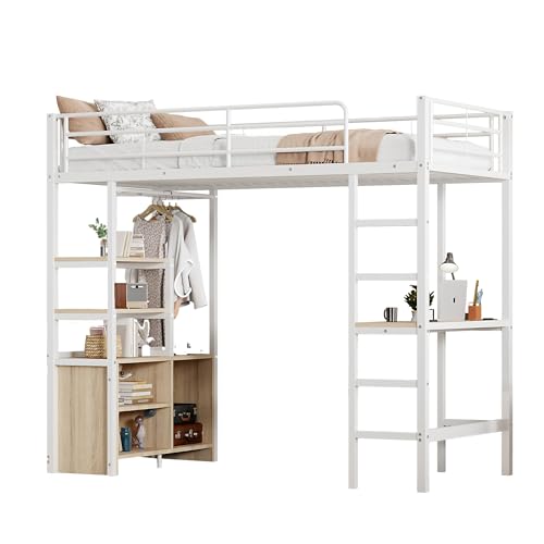 Goldicoo Hochbett 90x200 Metall mit Schreibtisch für Kinder Jugend Erwachsene - Leiter, Offener Lagerschrank, Regal von Goldicoo