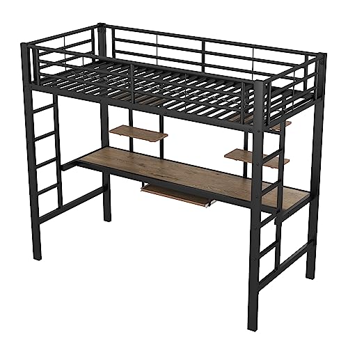 Goldicoo Hochbett 90x200 Metall mit Schreibtisch für Kinder Jugend Erwachsene - Leiter, Regal von Goldicoo