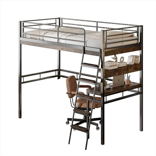 Goldicoo Hochbett 90x200 Metall mit Schreibtisch für Kinder Jugend Erwachsene - Leiter, Regal von Goldicoo