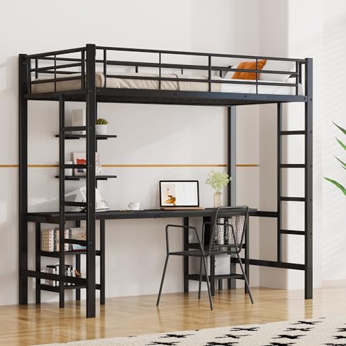 Goldicoo Hochbett 90x200 Metall mit Schreibtisch für Kinder Jugend Erwachsene - Leiter, Regal von Goldicoo