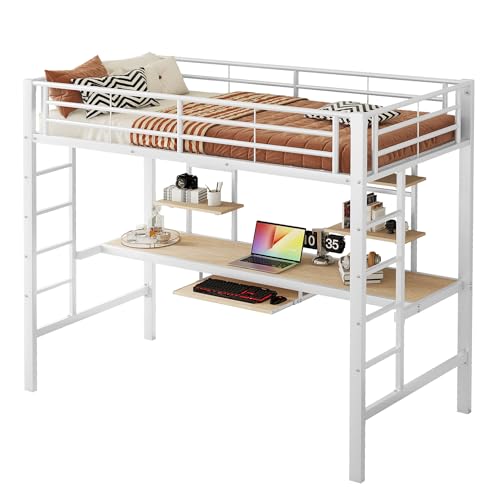 Goldicoo Hochbett 90x200 Metall mit Schreibtisch für Kinder Jugend Erwachsene - Leiter, Regal von Goldicoo