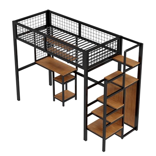 Goldicoo Hochbett 90x200 Metall mit Schreibtisch und Treppe für Kinder Jugend Erwachsene - Sicherheitsleiter und Offener Kleiderschrank von Goldicoo