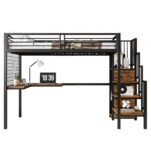 Goldicoo Hochbett 90x200 Metall mit Schreibtisch und Treppe für Kinder Jugend Erwachsene - Sicherheitsleiter und Offener Kleiderschrank von Goldicoo
