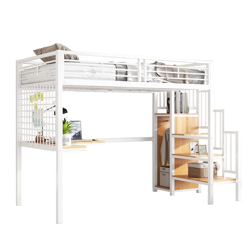 Goldicoo Hochbett 90x200 Metall mit Schreibtisch und Treppe für Kinder Jugend Erwachsene - Sicherheitsleiter und Offener Kleiderschrank von Goldicoo