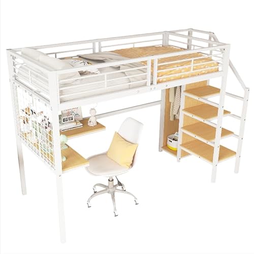 Goldicoo Hochbett 90x200 Metall mit Schreibtisch und Treppe für Kinder Jugend Erwachsene - Sicherheitsleiter und Offener Kleiderschrank von Goldicoo