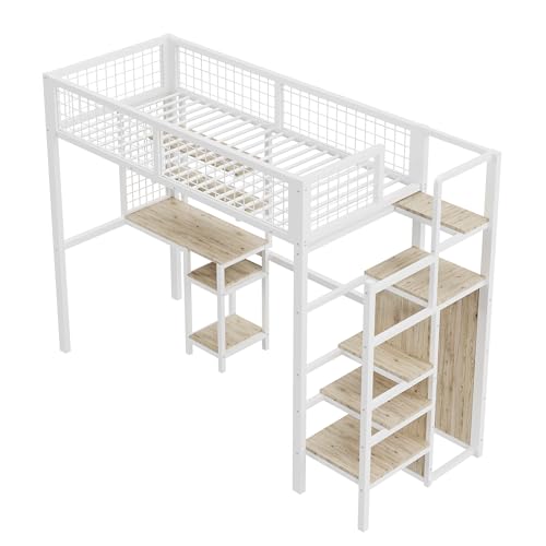 Goldicoo Hochbett 90x200 Metall mit Schreibtisch und Treppe für Kinder Jugend Erwachsene - Sicherheitsleiter und Offener Kleiderschrank von Goldicoo