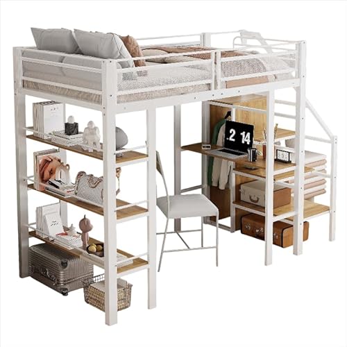 Goldicoo Hochbett 90x200 Metall mit Schreibtisch und Treppe für Kinder Jugend Erwachsene - Sicherheitsleiter und Offener Kleiderschrank von Goldicoo
