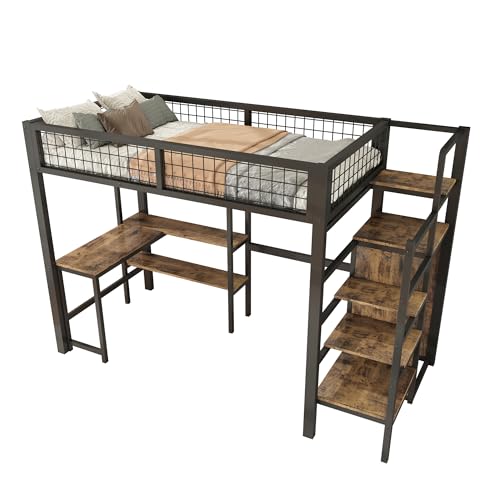 Goldicoo Hochbett 90x200 Metall mit Schreibtisch und Treppe für Kinder Jugend Erwachsene - Sicherheitsleiter und Offener Kleiderschrank von Goldicoo