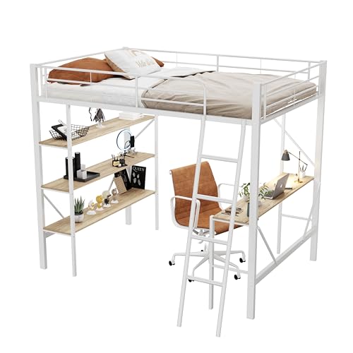 Goldicoo Hochbett 90x200 Metallmit Schreibtisch für Kinder Jugend Erwachsene - Leiter, Regal von Goldicoo