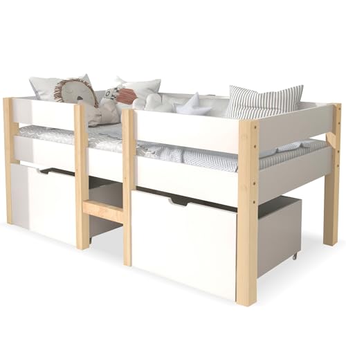Goldicoo Kinderbett 90x190 Holz mit Rausfallschutz, Halb Hochbett Kinder,mit Leiter und 2 Schubladen von Goldicoo