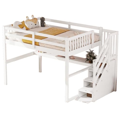 Goldicoo Mittel Hochbett 140x200 Holz für Kleinkind Kinder Jugend mit Schreibtisch und Treppe, Kinderbett von Goldicoo