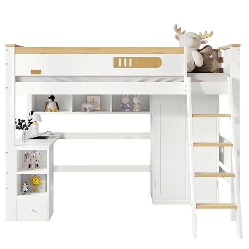 Goldicoo Mittel Hochbett 90x200 Holz für Kleinkind Kinder Jugend mit Schreibtisch, Kinderbett mit Kleiderschrank，Leiter von Goldicoo