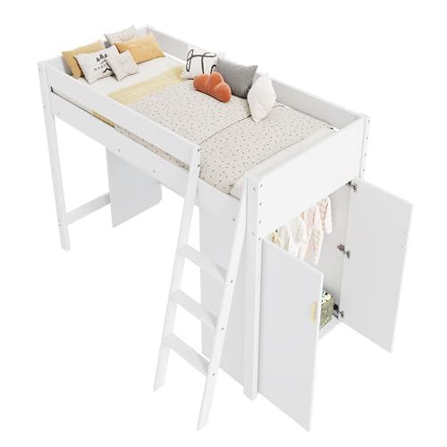 Goldicoo Mittel Hochbett 90x200 Holz für Kleinkind Kinder Jugend mit Schreibtisch, Kinderbett mit Kleiderschrank，Leiter von Goldicoo