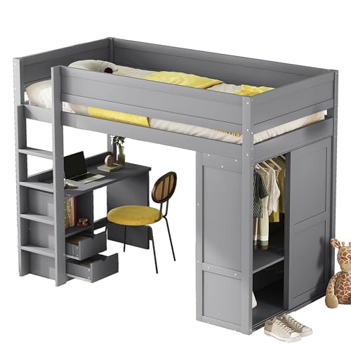 Goldicoo Mittel Hochbett 90x200 Holz für Kleinkind Kinder Jugend mit Schreibtisch und Treppe, Kinderbett mit Kleiderschrank und Schubladen von Goldicoo