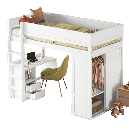 Goldicoo Mittel Hochbett 90x200 Holz für Kleinkind Kinder Jugend mit Schreibtisch und Treppe, Kinderbett mit Kleiderschrank und Schubladen von Goldicoo