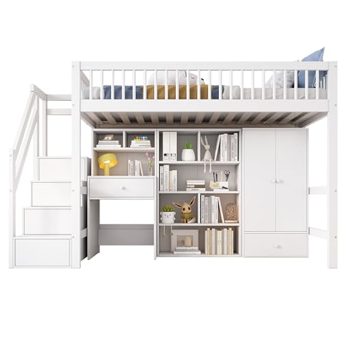 Goldicoo Mittel Hochbett 90x200 Holz für Kleinkind Kinder Jugend mit Schreibtisch und Treppe, Kinderbett mit Kleiderschrank und Stauschrank von Goldicoo
