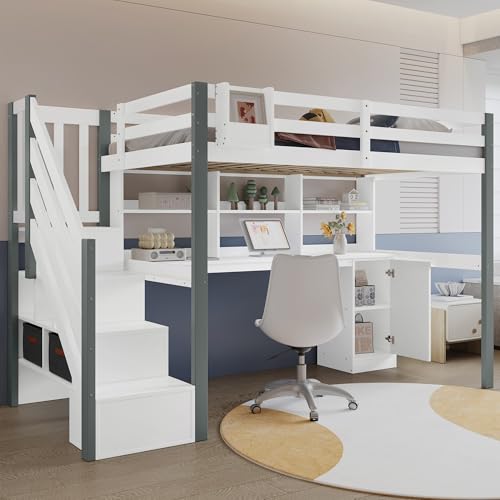 Goldicoo Mittel Hochbett 90x200 Holz für Kleinkind Kinder Jugend mit Schreibtisch und Treppe, Kinderbett mit Stauschrank und Offenes Regal von Goldicoo